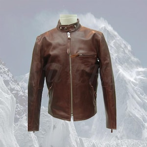Brown Premium Cowhide Leather Men&#39;s Motorcycle Jacket Bikers Scooter Cafe Racer Jacket New
