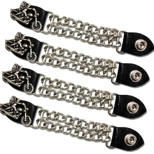 May include: A set of four vest extenders, each featuring a black leather tab with a silver-toned motorcycle emblem, connected by two parallel silver-toned metal chains to a second black leather tab with a silver-toned metal snap button closure.
