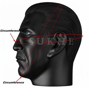 May include: A black mannequin head with blue eyes, viewed in profile. Red lines indicate circumference measurements. The word "SUKHE" is printed in white on the mannequin's face.