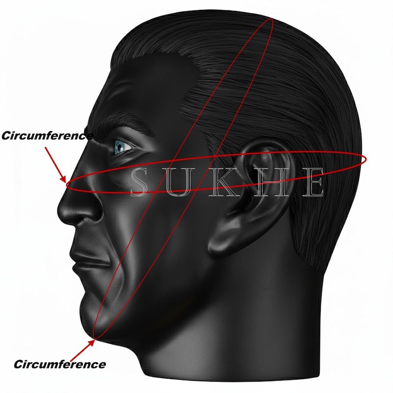 May include: A black mannequin head with blue eyes, viewed in profile. Red lines indicate circumference measurements. The word "SUKHE" is printed in white on the mannequin's face.