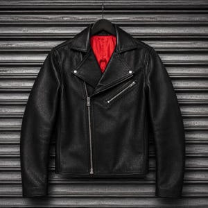 May include: A black leather motorcycle jacket featuring a vibrant red interior lining, a wide notched lapel, and silver-toned metal zippers. The jacket includes an asymmetrical front zipper closure, a diagonal chest pocket, and long sleeves.