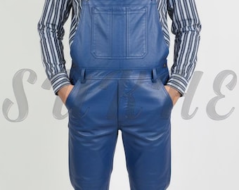Handgefertigte Blau Lammfell Leder Overall Latz Fronttasche Side Buttons