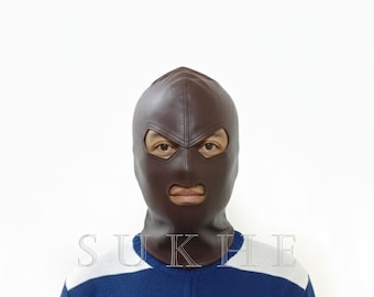 Handcrafted Brown Leather Face Mask Hood: Adjustable Laces, Costume