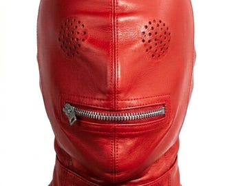 Red Genuine Leather Mask with Zipper and Adjustable Laces – Handmade Costume Hood