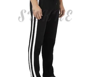 Men's Suede Leather Tracksuit Trousers: Black Joggers with White Stripes