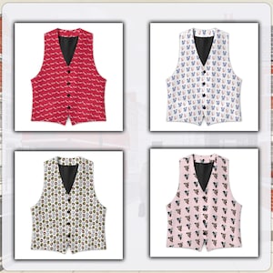 May include: Four vests with black button closures and black lining are displayed. The vests have different patterns: a red vest with white text, a white vest with blue and red cartoon characters, a white vest with a circular pattern, and a pink striped vest with dog faces.