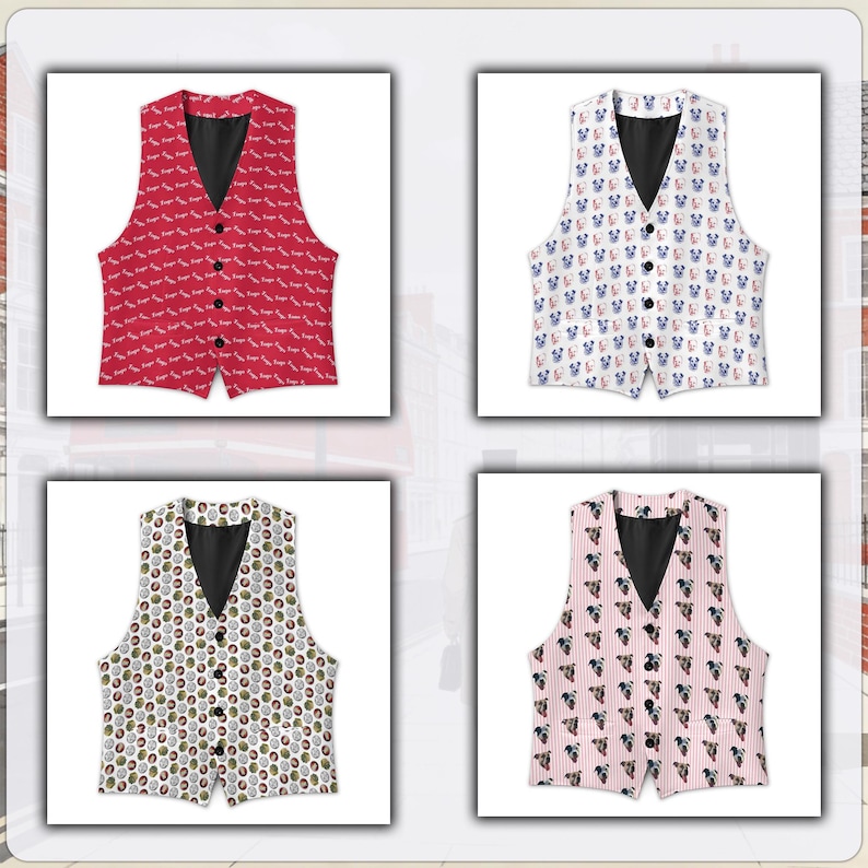 May include: Four vests with black button closures and black lining are displayed. The vests have different patterns: a red vest with white text, a white vest with blue and red cartoon characters, a white vest with a circular pattern, and a pink striped vest with dog faces.