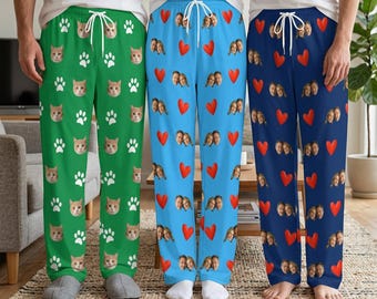 Personalized Photo Pajama Pants, Pet & Red Lip Heart Print, Custom Pajama Pants with Faces