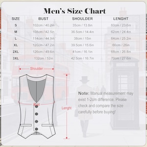 May include: A size chart for men's vests, with measurements in both centimeters and inches. The chart includes bust, shoulder, and length measurements for sizes S through 3XL. A diagram of a vest is included.