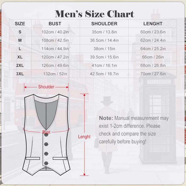 May include: A size chart for men's vests, with measurements in both centimeters and inches. The chart includes bust, shoulder, and length measurements for sizes S through 3XL. A diagram of a vest is included.