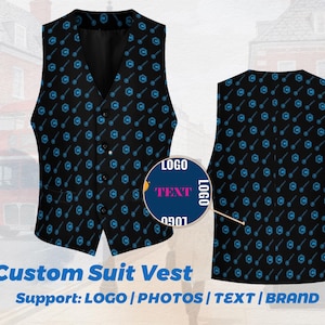 Puede incluir: Chaleco de traje negro personalizado con un patrón azul repetido. El chaleco tiene cuello en V y cierre de botones. El texto "Custom Suit Vest" y "Support: LOGO | PHOTOS | TEXT | BRAND" son visibles.