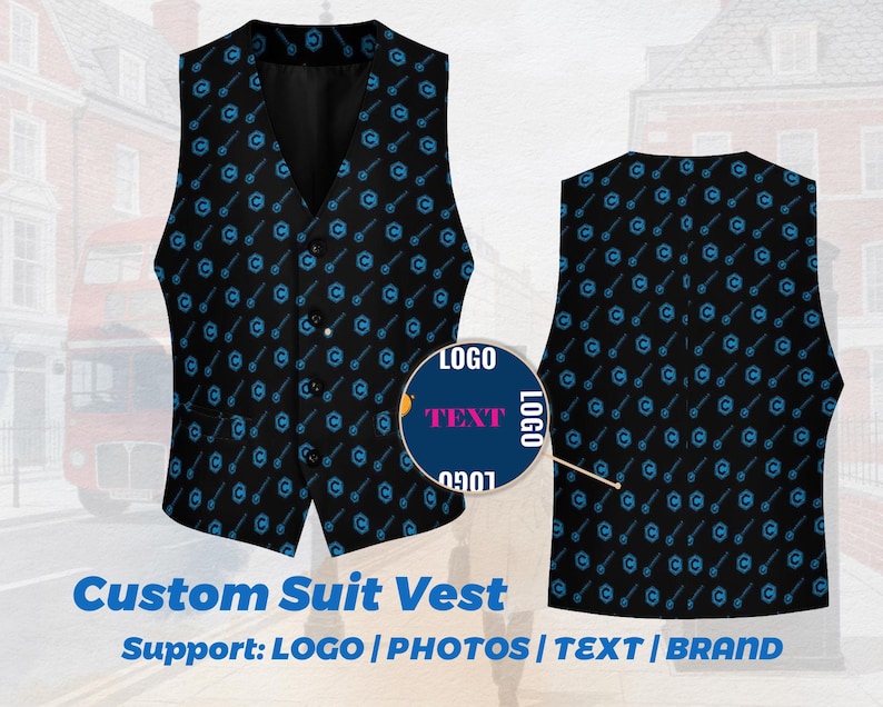 May include: Black custom suit vest with a repeating blue pattern. The vest has a V-neck and button closure. The text "Custom Suit Vest" and "Support: LOGO | PHOTOS | TEXT | BRAND" are visible.