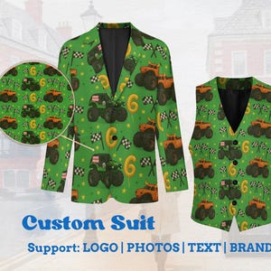 May include: A green custom suit set featuring a blazer and vest. The blazer and vest have a repeating pattern of orange and green monster trucks, checkered flags, and the number 6. The text "Custom Suit" is displayed in blue.