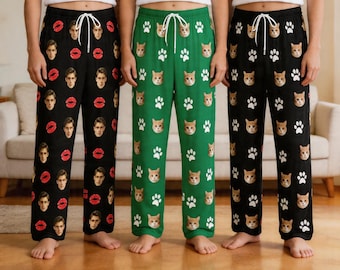 Custom photo pajama pants: Pajama bottoms with personalized Pet  face  and Red heart print