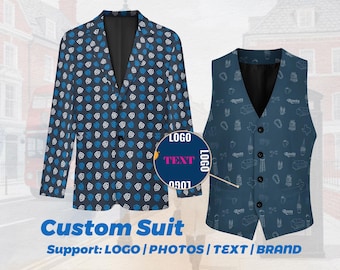 Personalized Suit Vest, Custom Suit with Logo Picture Text Background, Personalized Groomsmen Suit Vest, Mens Coat Blazer