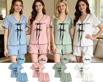 Custom Embroidered Name Pajama Set for Women, Bridesmaid Gift Personalized Short Sleeve Pjs, Bride Gift, Bachelorette Party Matching Pajamas