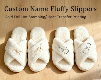 Personalized Fluffy Bride Slippers, Custom Bridesmaid Gift Slippers, Wedding Bachelorette Party Custom Name Slippers