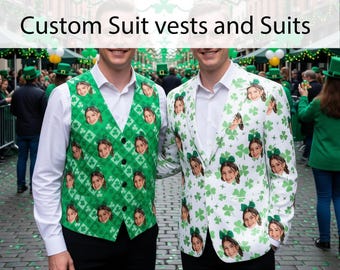 Personalized St. Patrick's Day Suit Vest, Custom Suit&Vest With Faces, Men's Suit Vest, Green Shamrock Suit Vest