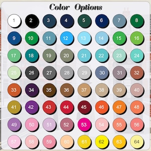 May include: A color chart with 64 numbered color options in circular shapes. The text "Color Options" is at the top. The colors range from black to yellow, with various shades of blue, green, red, and purple.