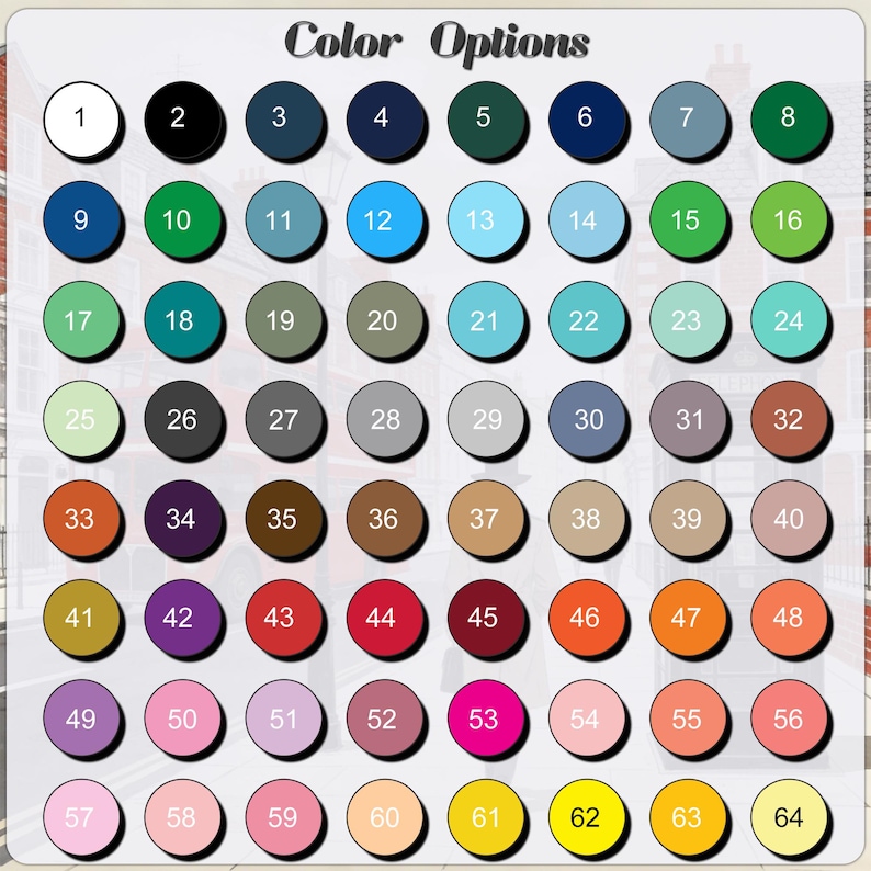 May include: A color chart with 64 numbered color options in circular shapes. The text "Color Options" is at the top. The colors range from black to yellow, with various shades of blue, green, red, and purple.