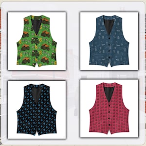May include: Four vests with different patterns are displayed. One is green with monster trucks and the number 6. Another is blue with a white pattern. The third is black with a blue pattern, and the fourth is red with a pattern.