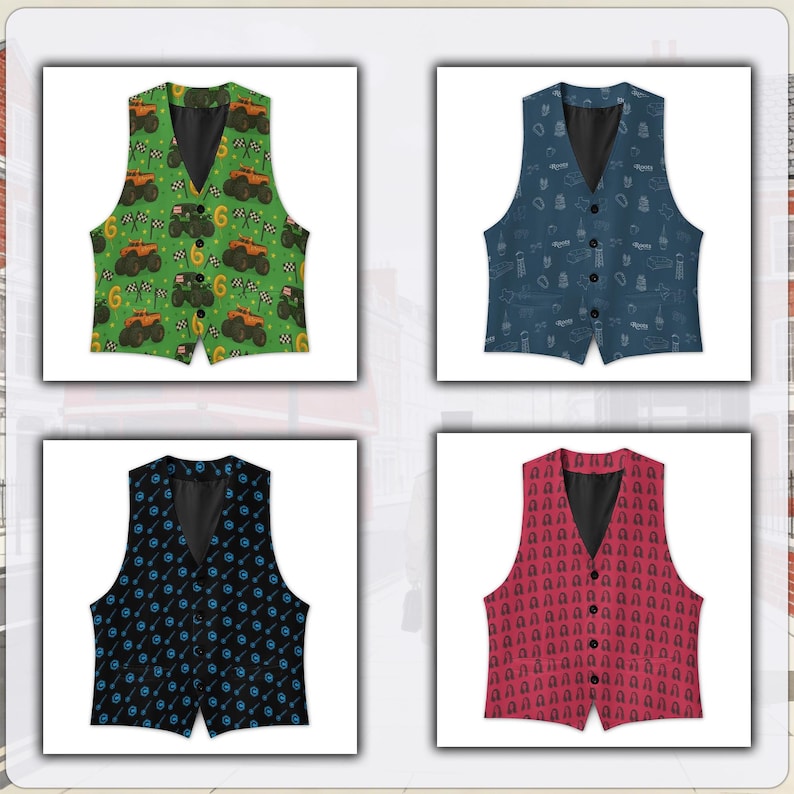 May include: Four vests with different patterns are displayed. One is green with monster trucks and the number 6. Another is blue with a white pattern. The third is black with a blue pattern, and the fourth is red with a pattern.