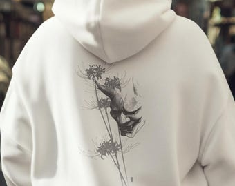 Japanese Demon Mask Hoodie, Spider Lily Design