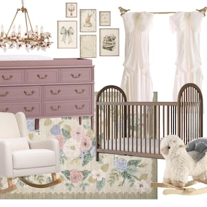 Diseño de habitación infantil, tablero de inspiración para habitación infantil, diseño de interiores online, habitación infantil para niña, decoradores online, habitación neutra y rosa, habitación de niña, habitación infantil