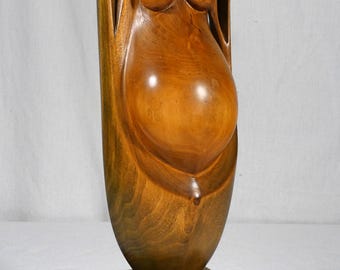 Vintage MCM Biomorphic Pregnant Woman Wood Carving Double Sided Fertility Art Signed KM