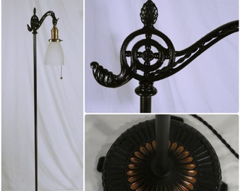 Antique rewired bridge floor lamp black with copper highlights