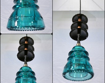 Pendant Light Vintage Aqua Green Glass Telegraph triple break hanging ceiling light LED dimmable bulb included