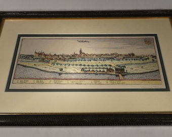 Vintage or antique hand colored wood block print of Wittenberg Germany home to Martin Luther