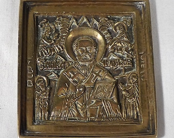 Antique Russian Orthodox bronze travel icon Saint Nicholas    4