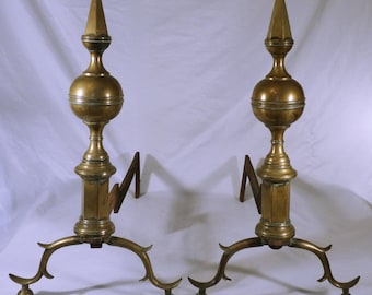 Antique Brass Andirons Federal Style fire dogs fire irons fireplace accessories very good original condition  a