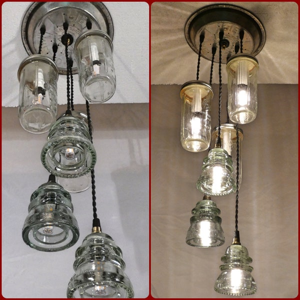 Chandelier Light Vintage Glass Clear Telegraph Insulators Mason Jars with Pie Pan canopy light bulbs included