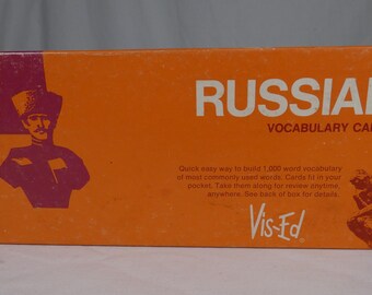 Vintage 1991 Vis-Ed Russian Vocabulary Flash Cards Box Set Cold War Soviet Soldier Ephemera