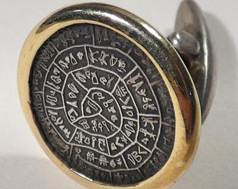 Vintage Greek made single cufflink Minoan Phaistos design sterling silver 14K gold rim 18.5 mm    4