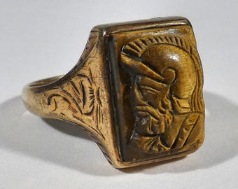 Vintage 10K Yellow Gold Tiger's Eye Cameo Ring by Engel Brothers  Carved Roman Soldier Signet Warrior Ring, Men's Size 10