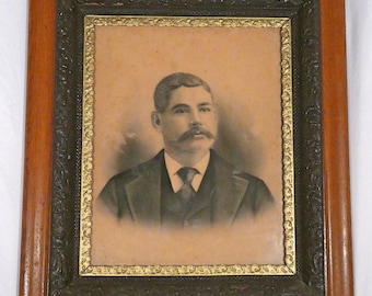 Antique large wood frame male bust portrait pencil and charcoal drawing art early 1900's