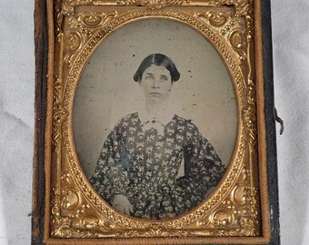 Antique Civil War Era Ambrotype, Victorian Woman in Calico Dress, Cased Portrait   8