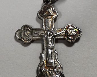Vintage Sterling Silver Eastern Orthodox Baptismal Cross Pendant, Small 3/4" Russian Greek Crucifix Charm