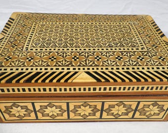 Vintage Middle Eastern Micro Mosaic Marquetry Trinket Box Handcrafted Wood, Bone and Mother of Pearl Inlay Jewelry Box