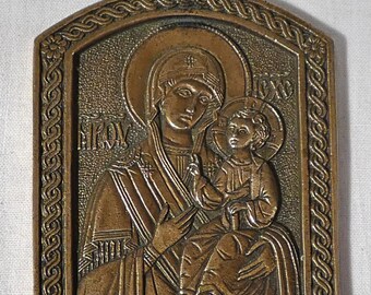 Antique Russian Orthodox bronze travel icon Virgin Mary and Christ     3