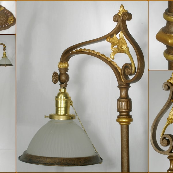 Vintage Art Deco Bridge Floor Lamp copper gold red ornate base flower antique light cloth cord