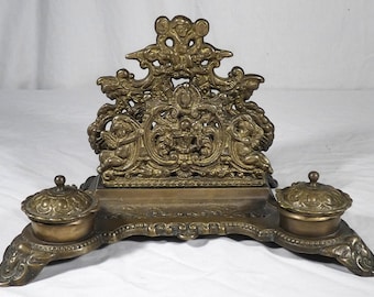 Vintage Rococo Revival style Brass Double Inkwell & Letter Holder Desk Caddy Cherub Mail Organizer Pen Tray Victorian Decor