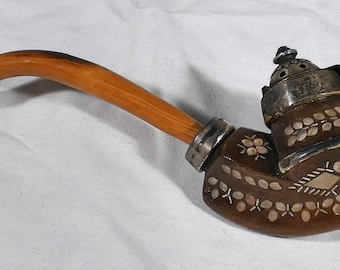 Vintage Slovenian Gorjuše Pipe by Master Alojz Lotrič Hand Inlaid Mother of Pearl Folk Art Tobacco Pipe, Signed "LA"