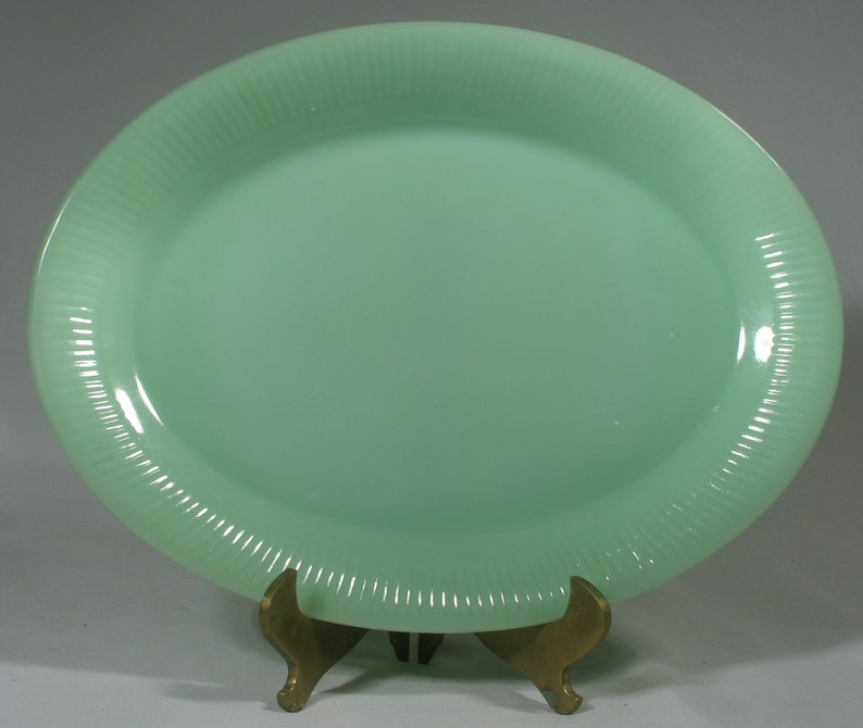 Vintage Jadeite Fire King Serving Platter Jane Ray Art Deco mid century glassware milky green