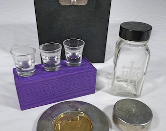 Vintage 1950s Travel Communion Kit Rare Caribbean Provenance St. Thomas with Original Embossed Hosts 3 Cup Setting