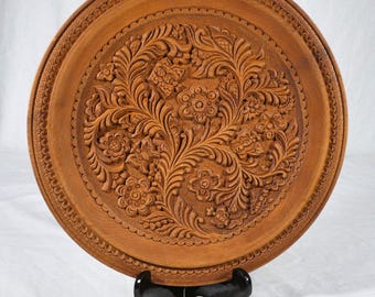 Vintage hand carved large wooden plate for wall decoration