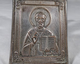 Vintage miniature silver plated icon of Saint Nicholas